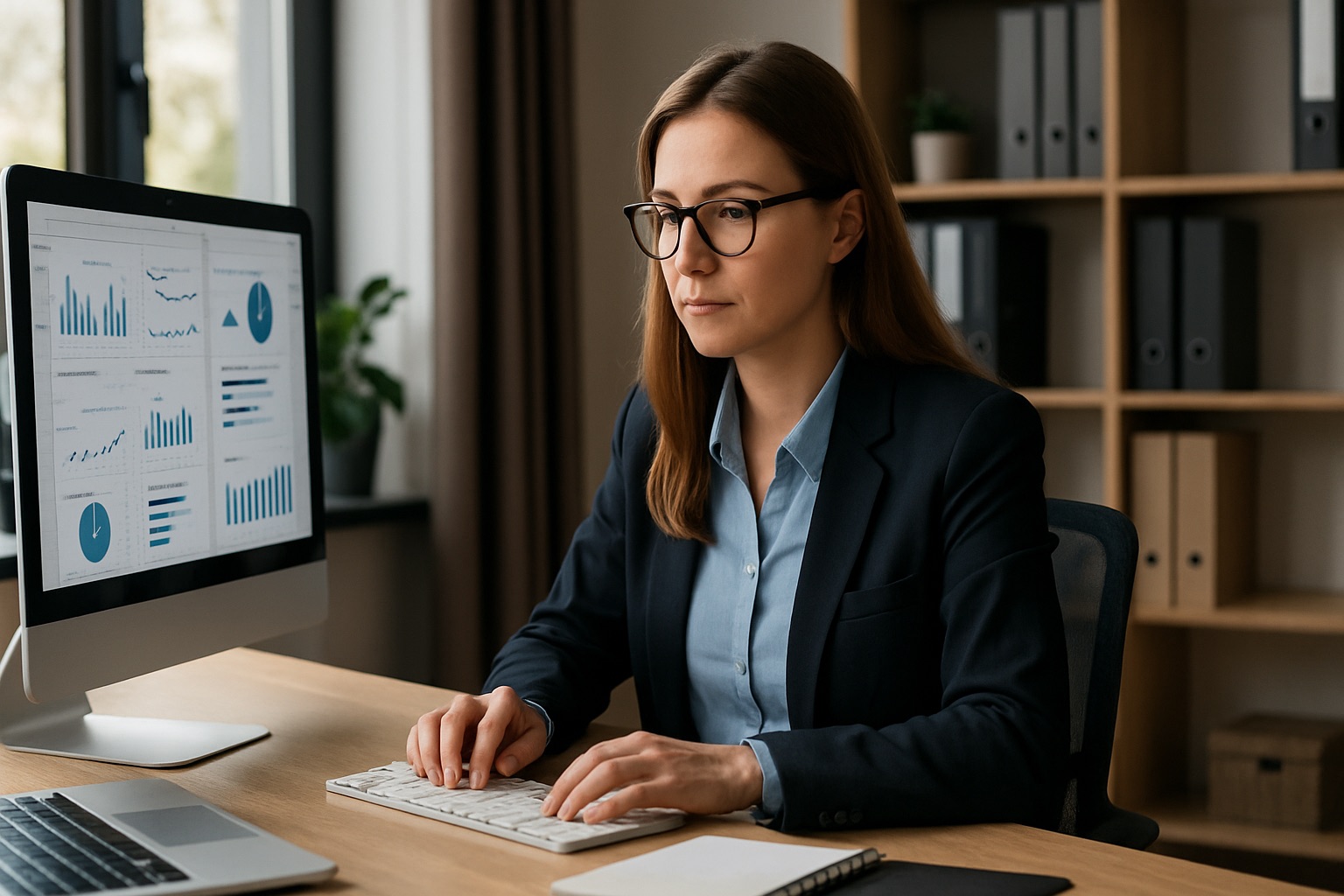 Екатерина Морозова работает за компьютером